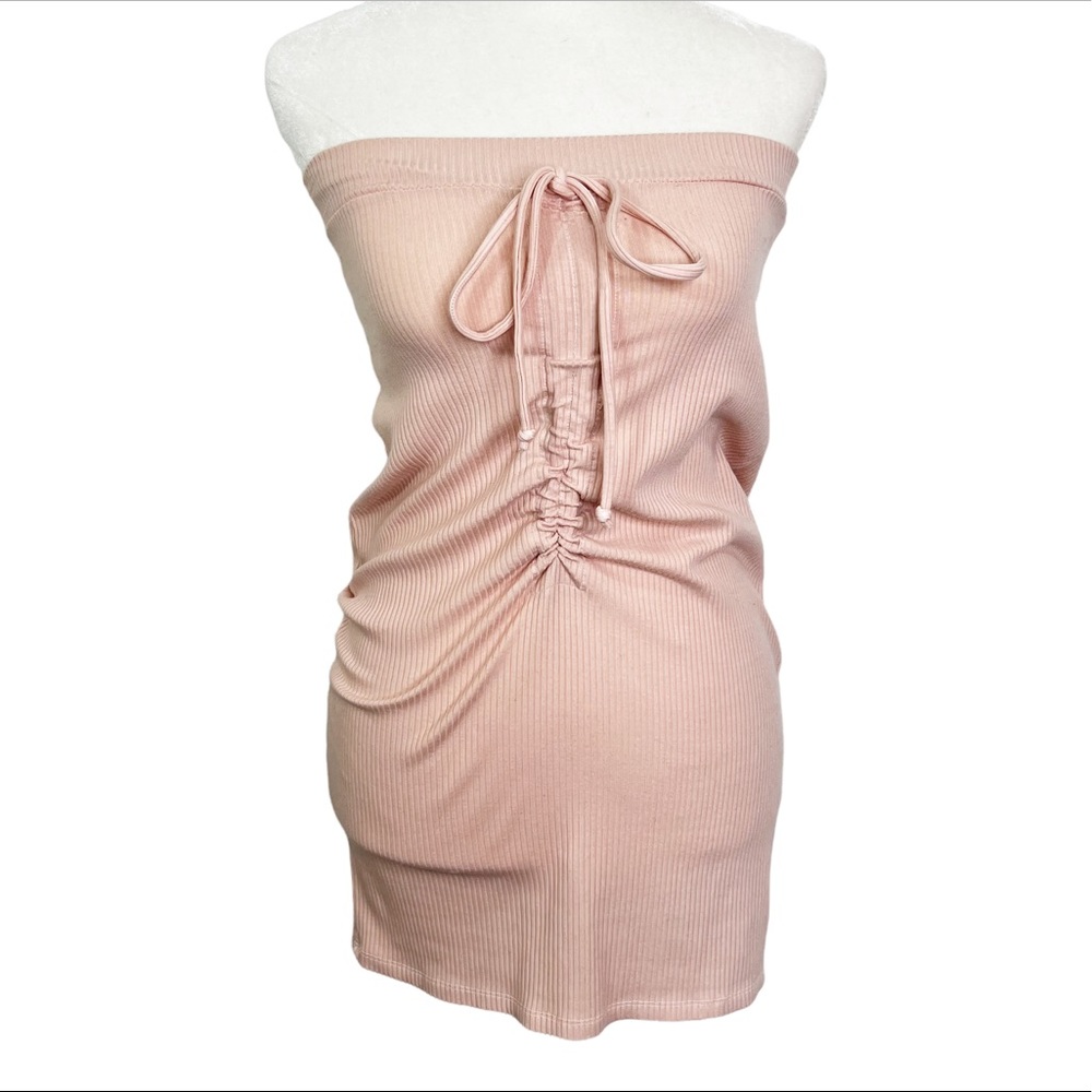 NWT Red Haute Revolve Ribbed Gathered Longline Center Tie Tube Top in Peach Sz S